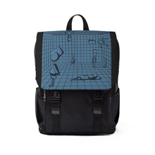 Load image into Gallery viewer, Blue Grid Surreal Scene Backpack — Artistic Sketch Flap Bag
